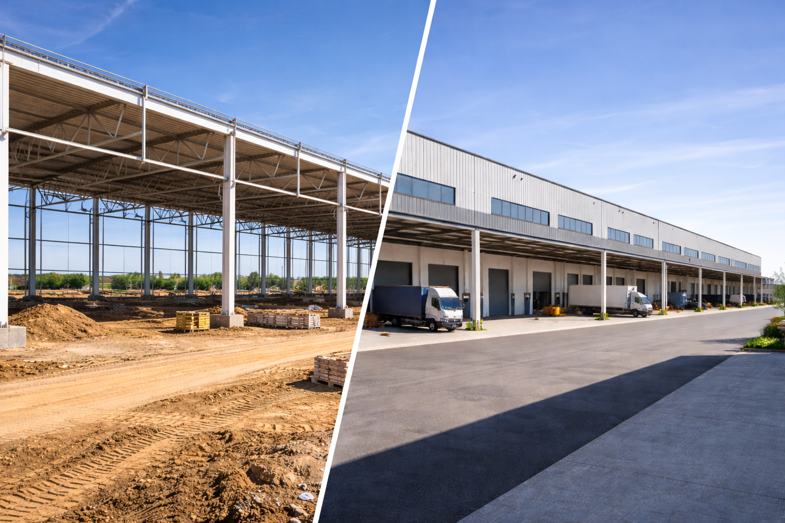 Montaje de estructura metálica porticada y nave industrial terminada